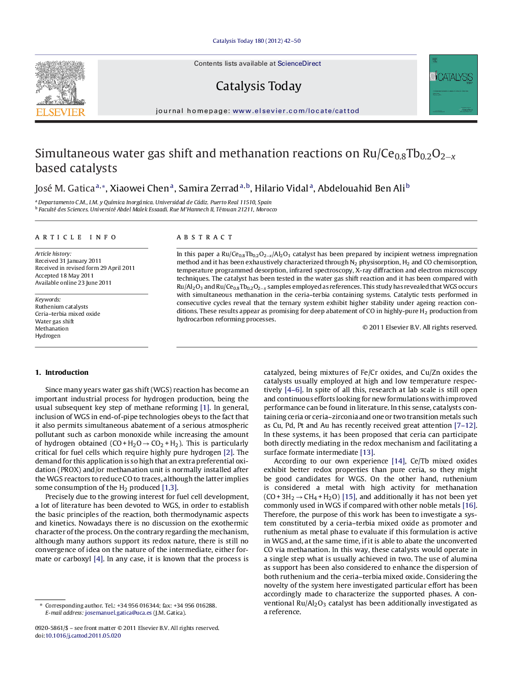 عکس صفحه اول مقاله: Simultaneous water gas shift and methanation reactions on Ru/Ce0.8Tb0.2O2−x based catalysts Simultaneous water gas shift and methanation reactions on Ru/Ce0.8Tb0.2O2−x based catalysts
