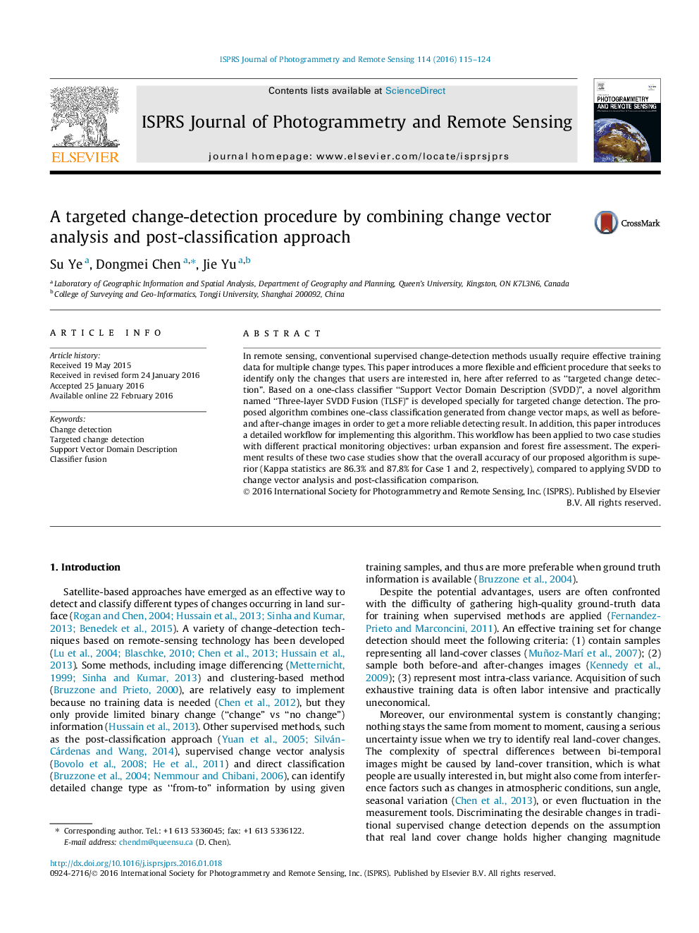 A targeted change-detection procedure by combining change vector analysis and post-classification approach