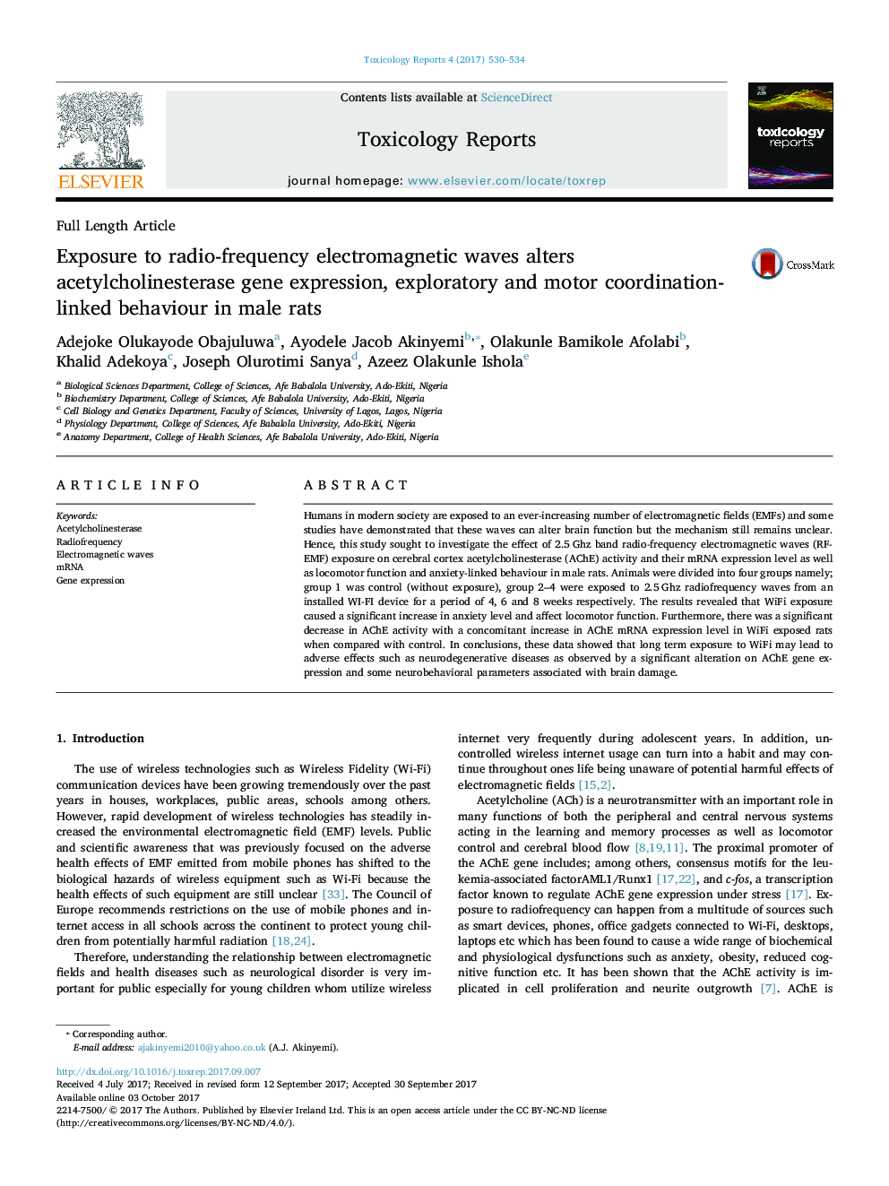 Exposure to radio-frequency electromagnetic waves alters acetylcholinesterase gene expression, exploratory and motor coordination-linked behaviour in male rats