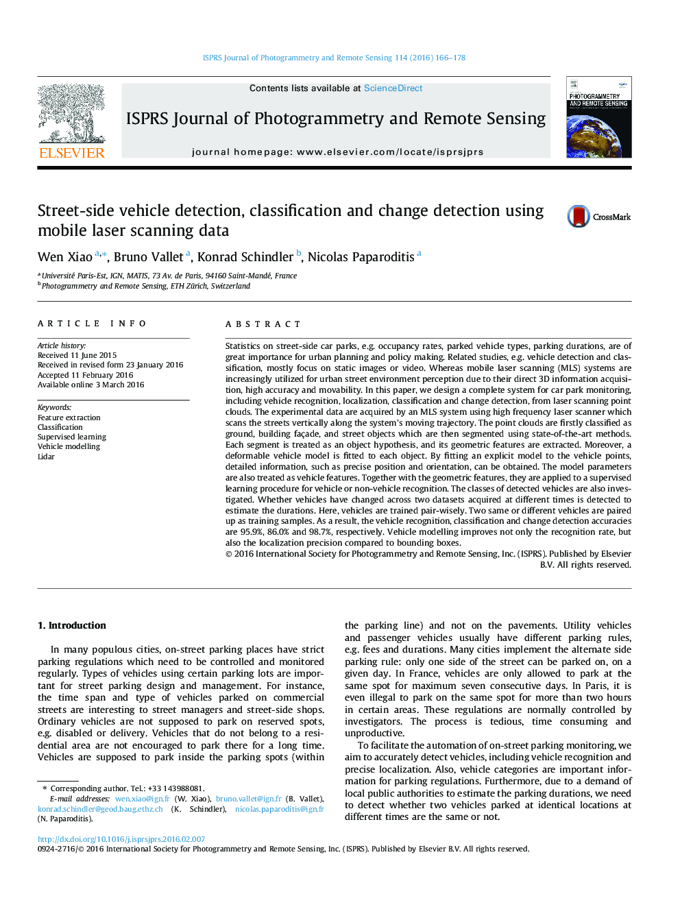 Street-side vehicle detection, classification and change detection using mobile laser scanning data