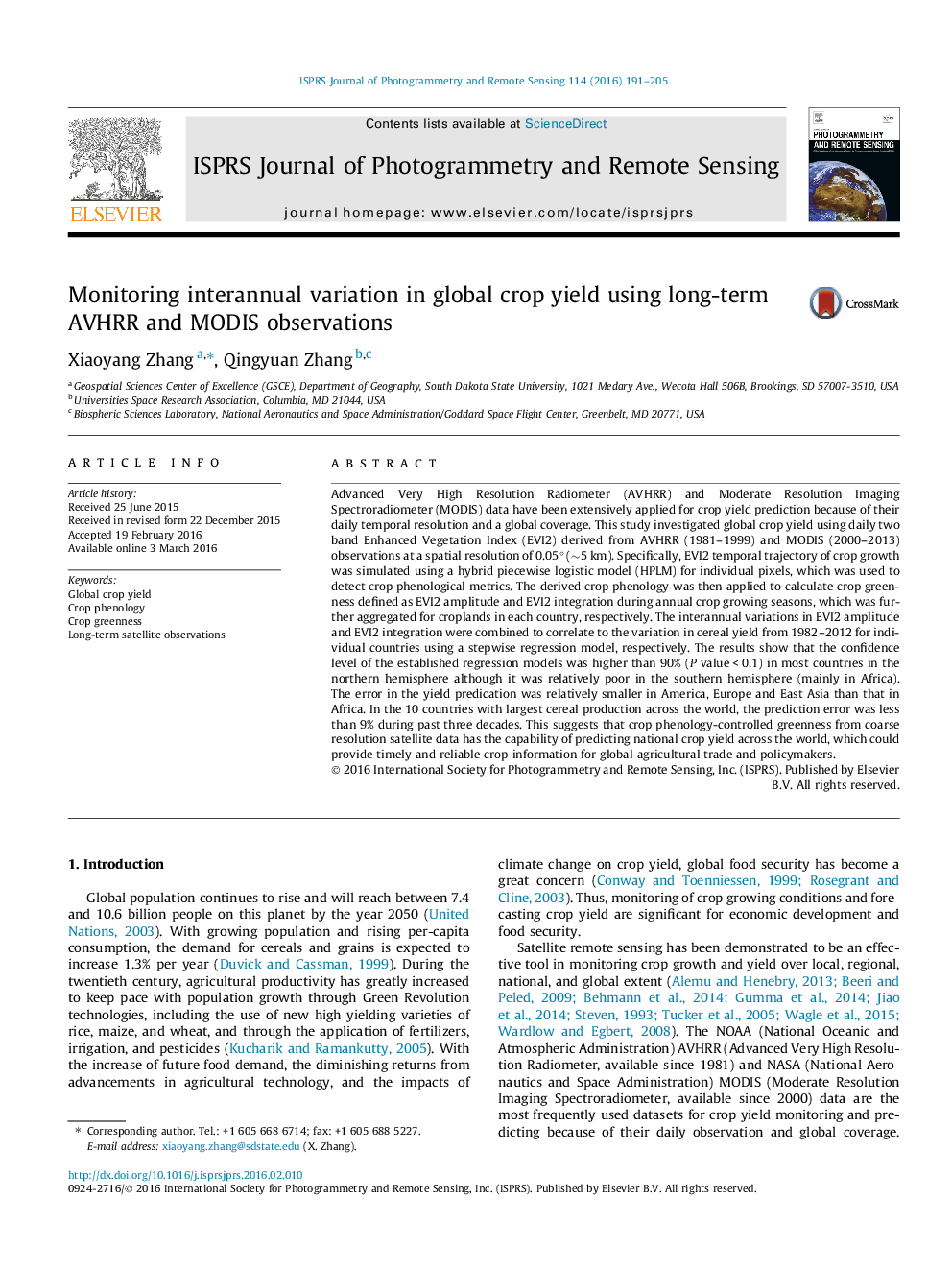 عکس صفحه اول مقاله: Monitoring interannual variation in global crop yield using long-term AVHRR and MODIS observations Monitoring interannual variation in global crop yield using long-term AVHRR and MODIS observations