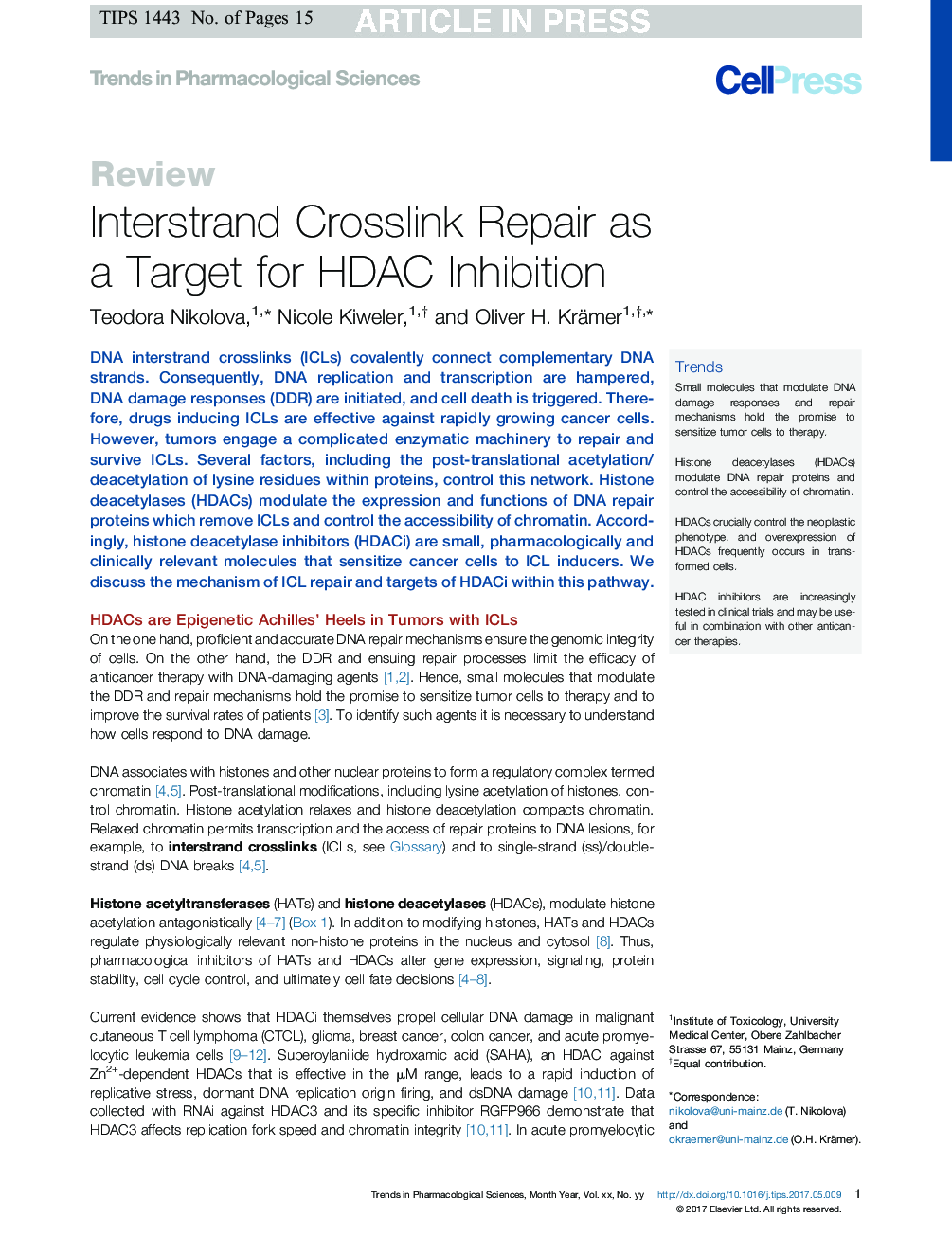 Interstrand Crosslink Repair as a Target for HDAC Inhibition