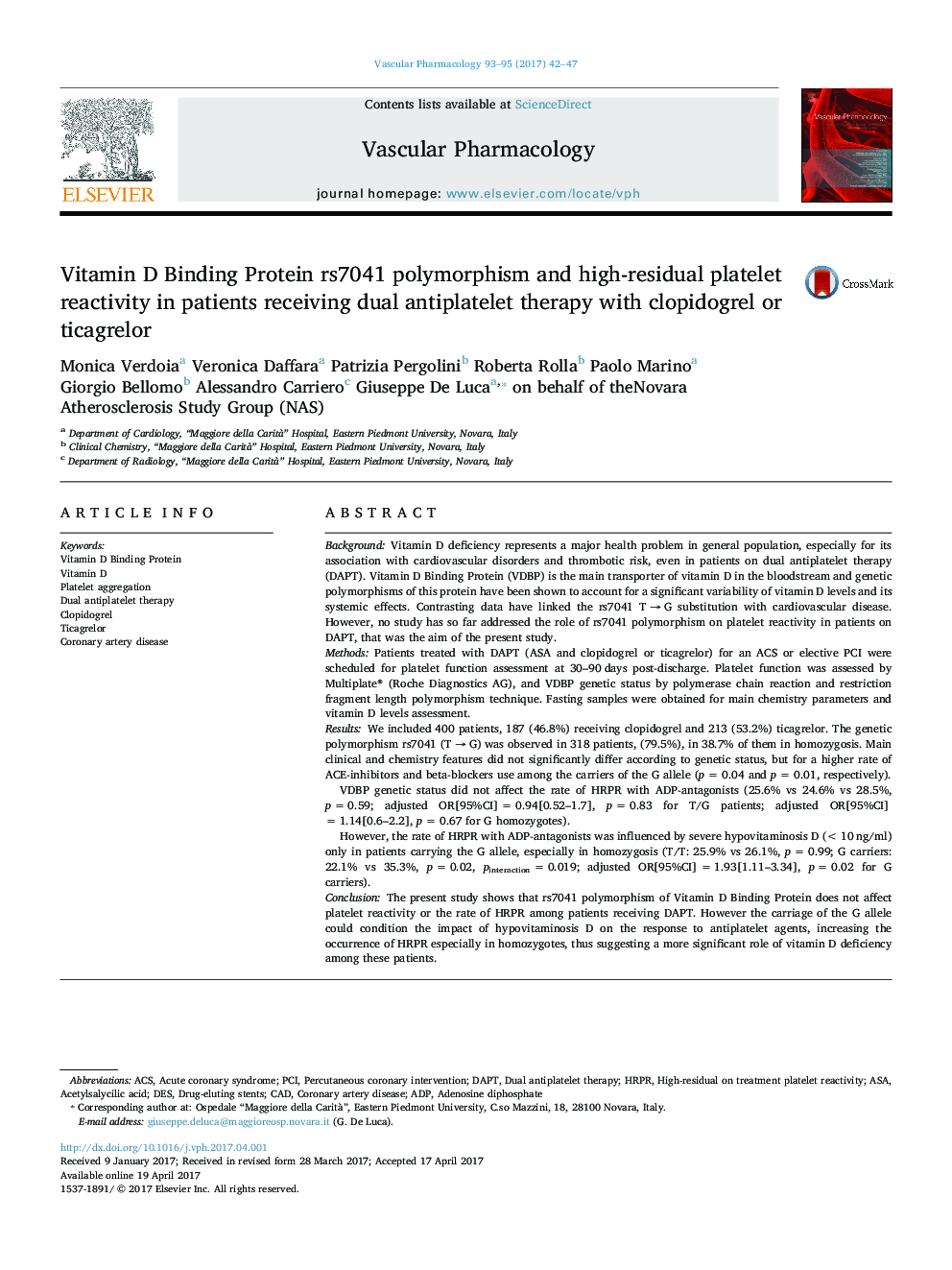 Vitamin D Binding Protein rs7041 polymorphism and high-residual platelet reactivity in patients receiving dual antiplatelet therapy with clopidogrel or ticagrelor