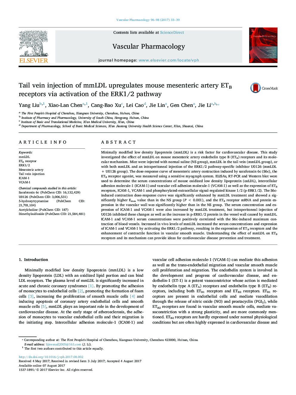 Tail vein injection of mmLDL upregulates mouse mesenteric artery ETB receptors via activation of the ERK1/2 pathway