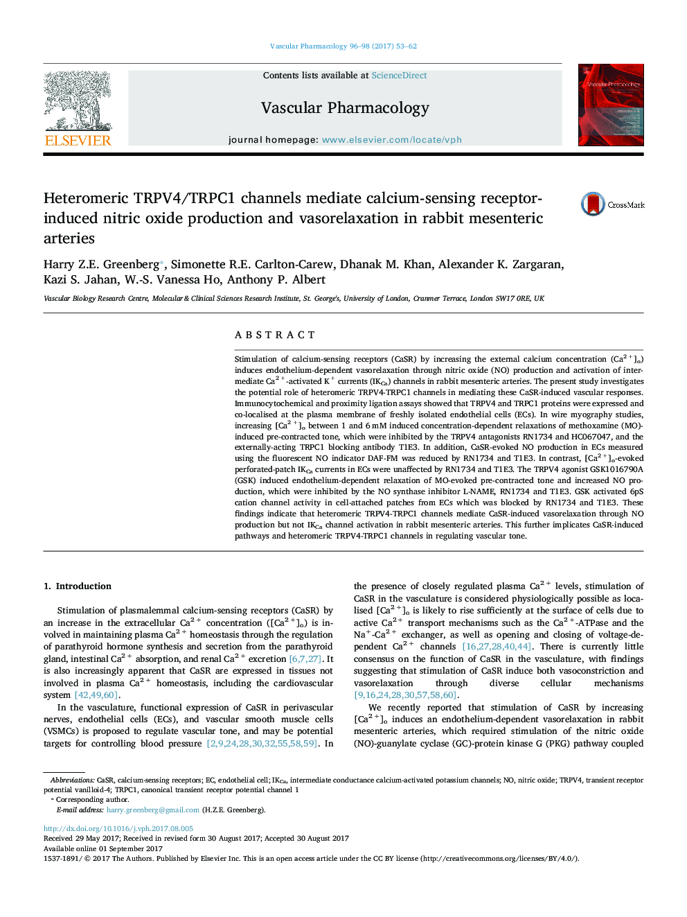 Heteromeric TRPV4/TRPC1 channels mediate calcium-sensing receptor-induced nitric oxide production and vasorelaxation in rabbit mesenteric arteries