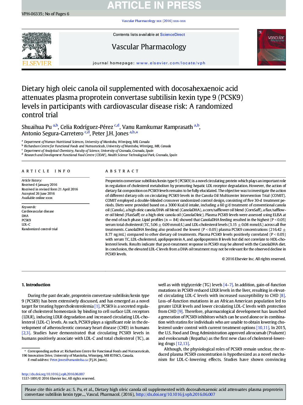 عکس صفحه اول مقاله: Dietary high oleic canola oil supplemented with docosahexaenoic acid attenuates plasma proprotein convertase subtilisin kexin type 9 (PCSK9) levels in participants with cardiovascular disease risk: A randomized control trial Dietary high oleic canola oil supplemented with docosahexaenoic acid attenuates plasma proprotein convertase subtilisin kexin type 9 (PCSK9) levels in participants with cardiovascular disease risk: A randomized control trial
