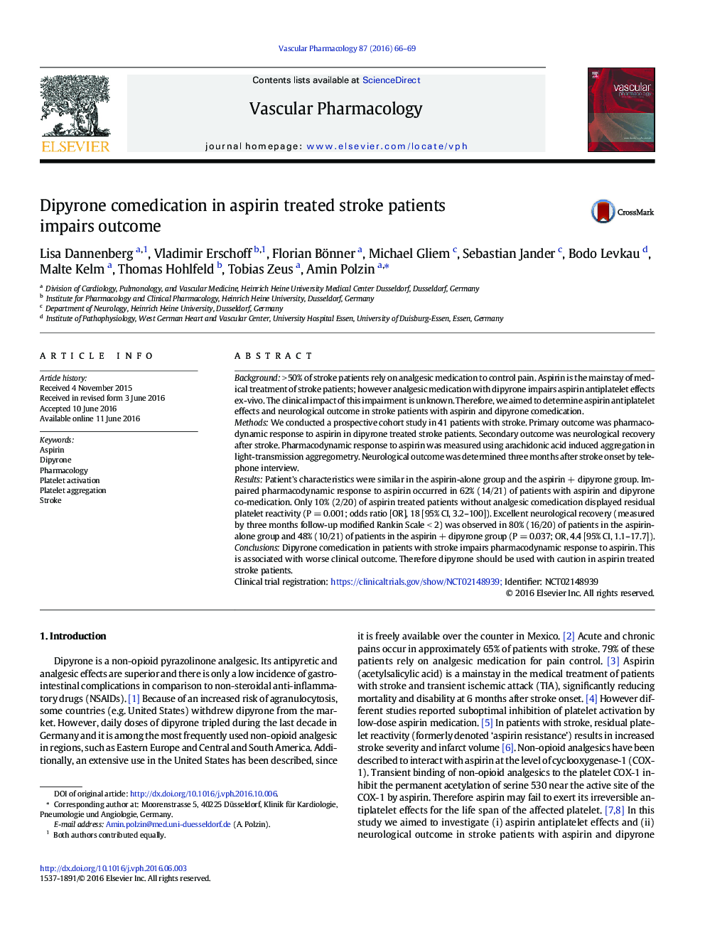 Dipyrone comedication in aspirin treated stroke patients impairs outcome