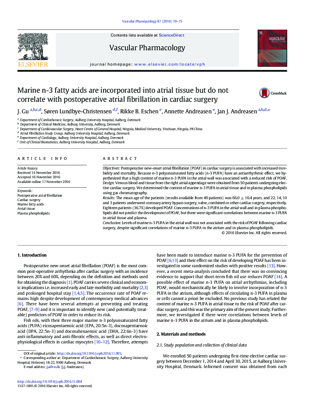 Marine n-3 fatty acids are incorporated into atrial tissue but do not correlate with postoperative atrial fibrillation in cardiac surgery