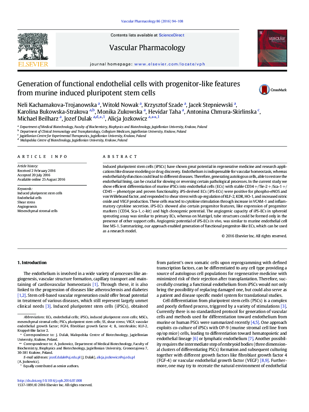 Generation of functional endothelial cells with progenitor-like features from murine induced pluripotent stem cells