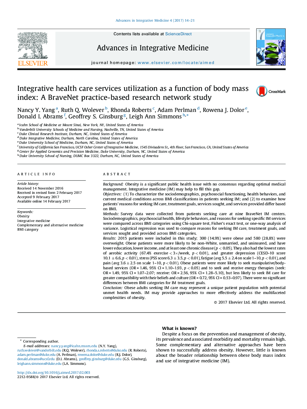 Integrative health care services utilization as a function of body mass index: A BraveNet practice-based research network study
