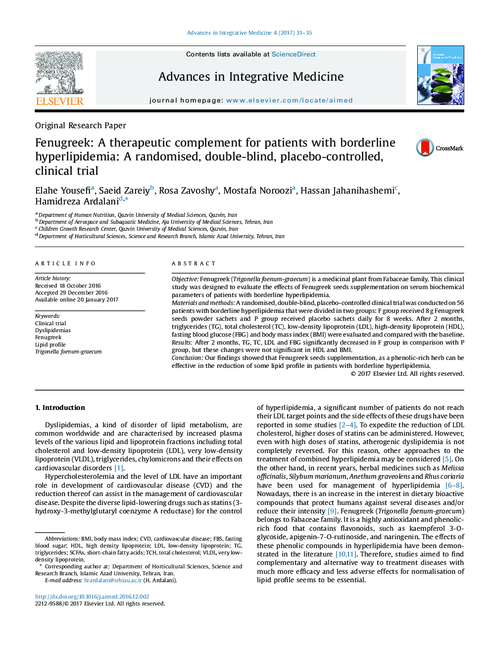 Fenugreek: A therapeutic complement for patients with borderline hyperlipidemia: A randomised, double-blind, placebo-controlled, clinical trial