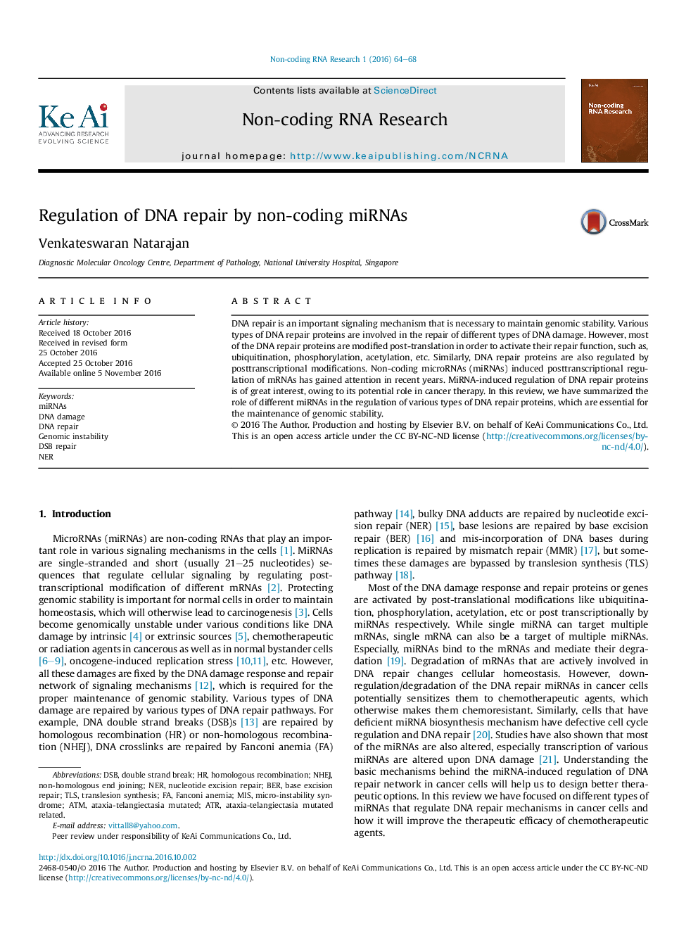 Regulation of DNA repair by non-coding miRNAs