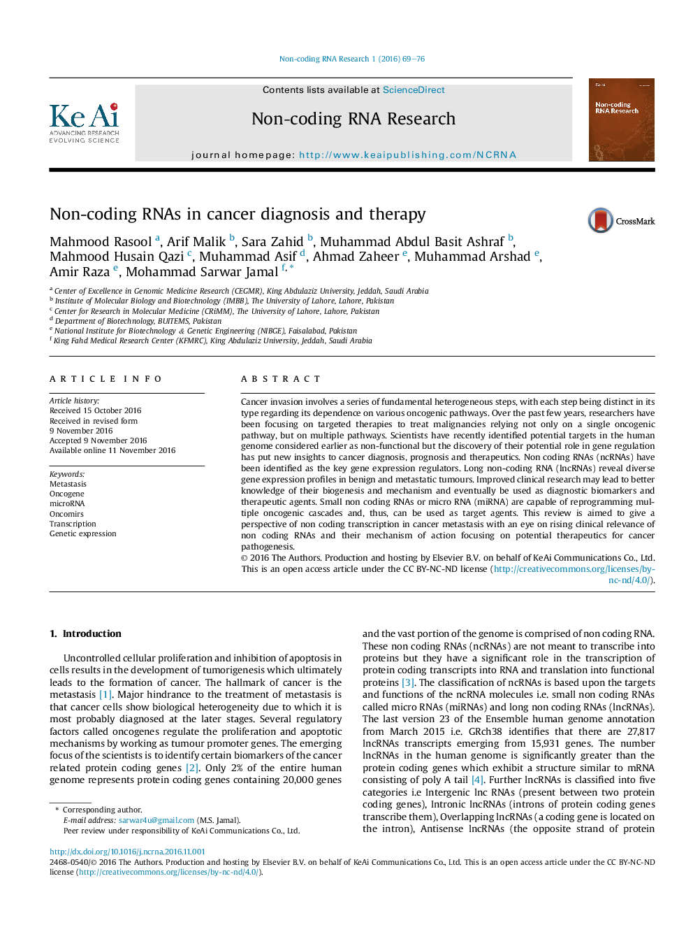 Non-coding RNAs in cancer diagnosis and therapy