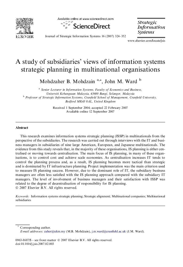 A study of subsidiaries’ views of information systems strategic planning in multinational organisations