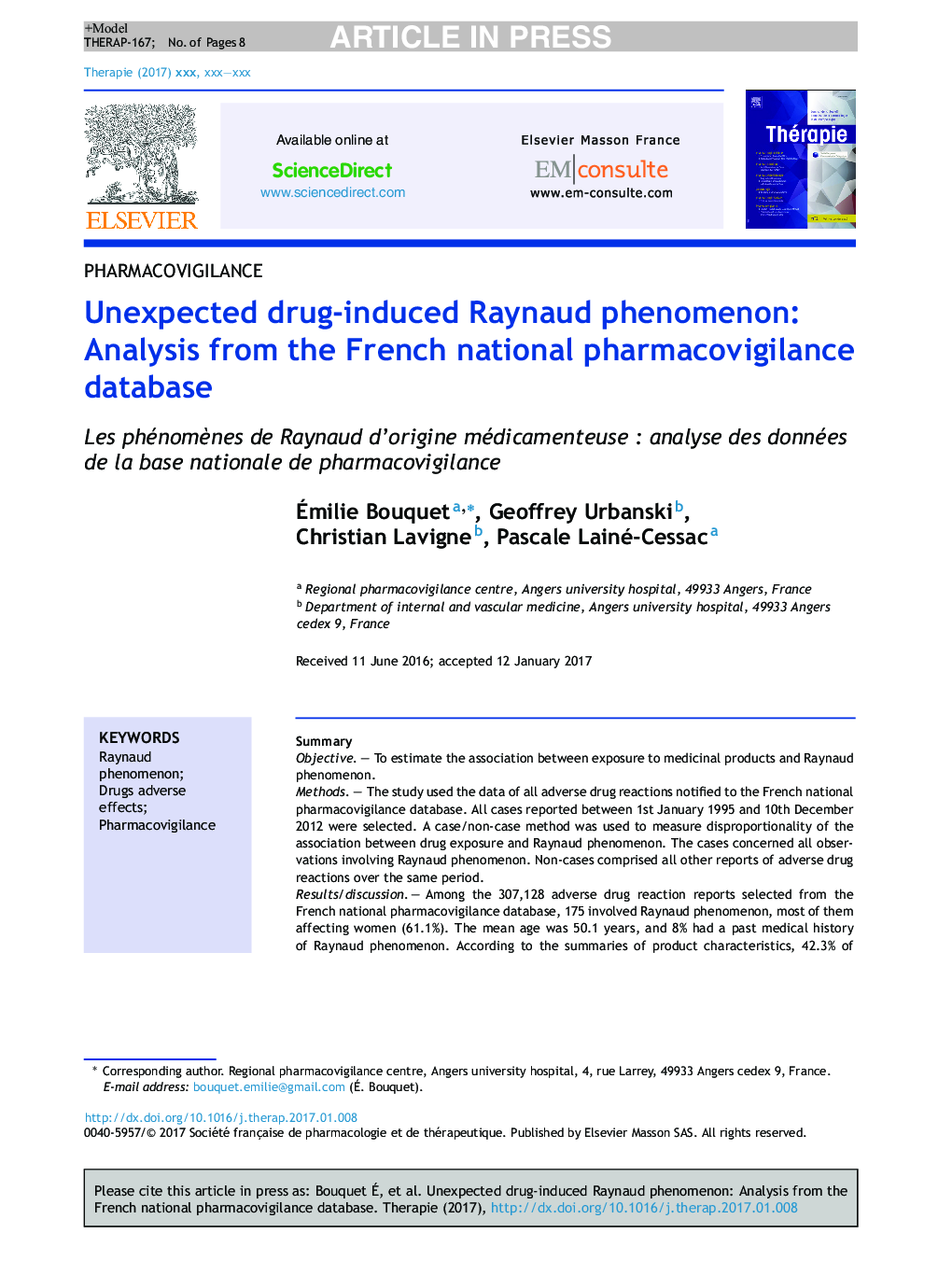 Unexpected drug-induced Raynaud phenomenon: Analysis from the French national pharmacovigilance database