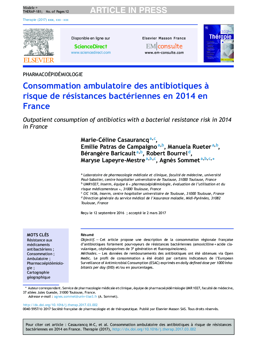 Consommation ambulatoire des antibiotiques Ã  risque de résistances bactériennes en 2014Â en France