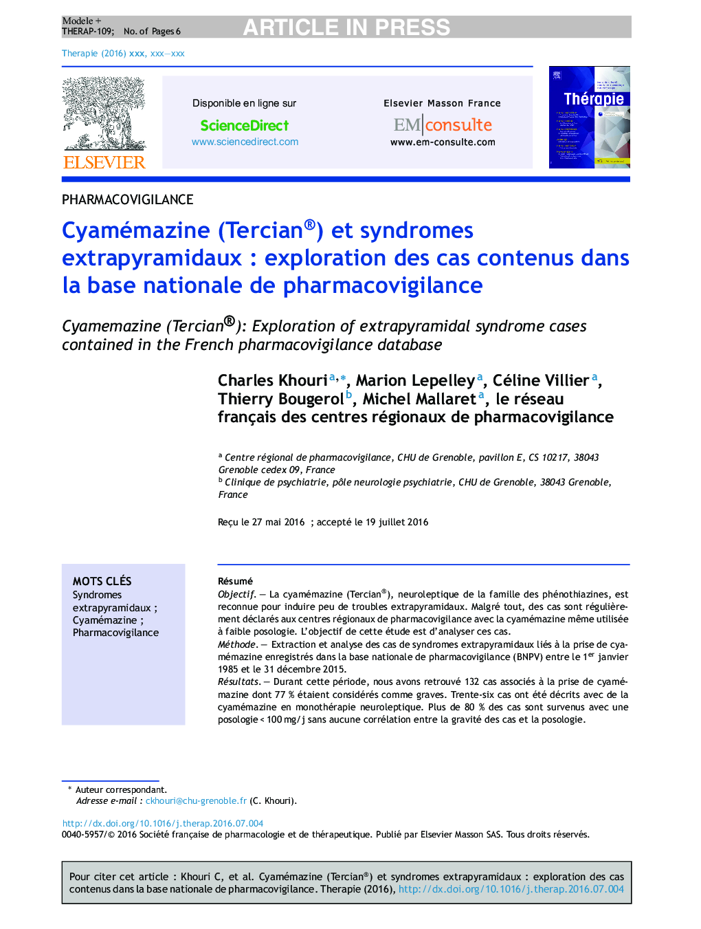 Cyamémazine (Tercian®) et syndromes extrapyramidauxÂ : exploration des cas contenus dans la base nationale de pharmacovigilance