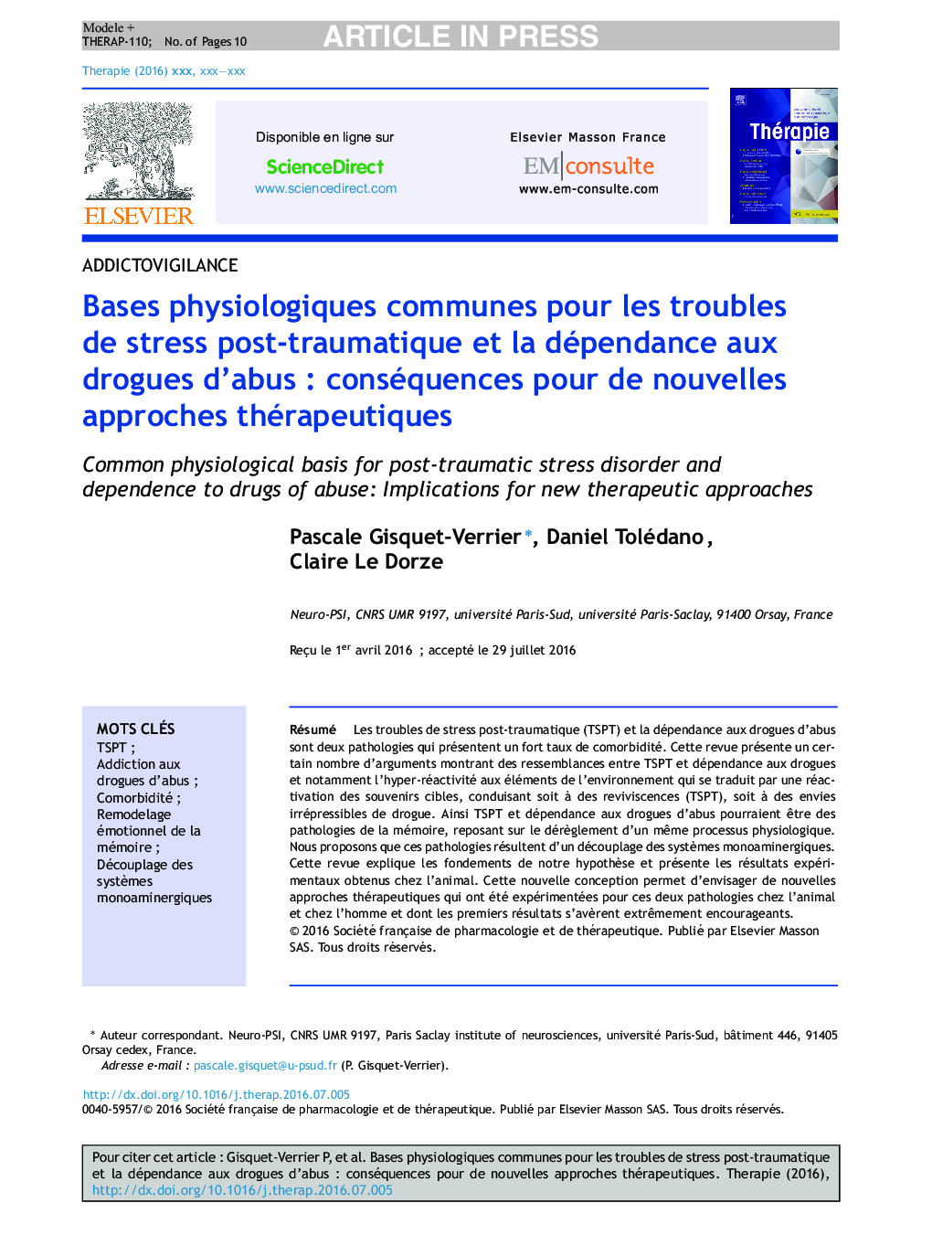 Bases physiologiques communes pour les troubles de stress post-traumatique et la dépendance aux drogues d'abusÂ : conséquences pour de nouvelles approches thérapeutiques