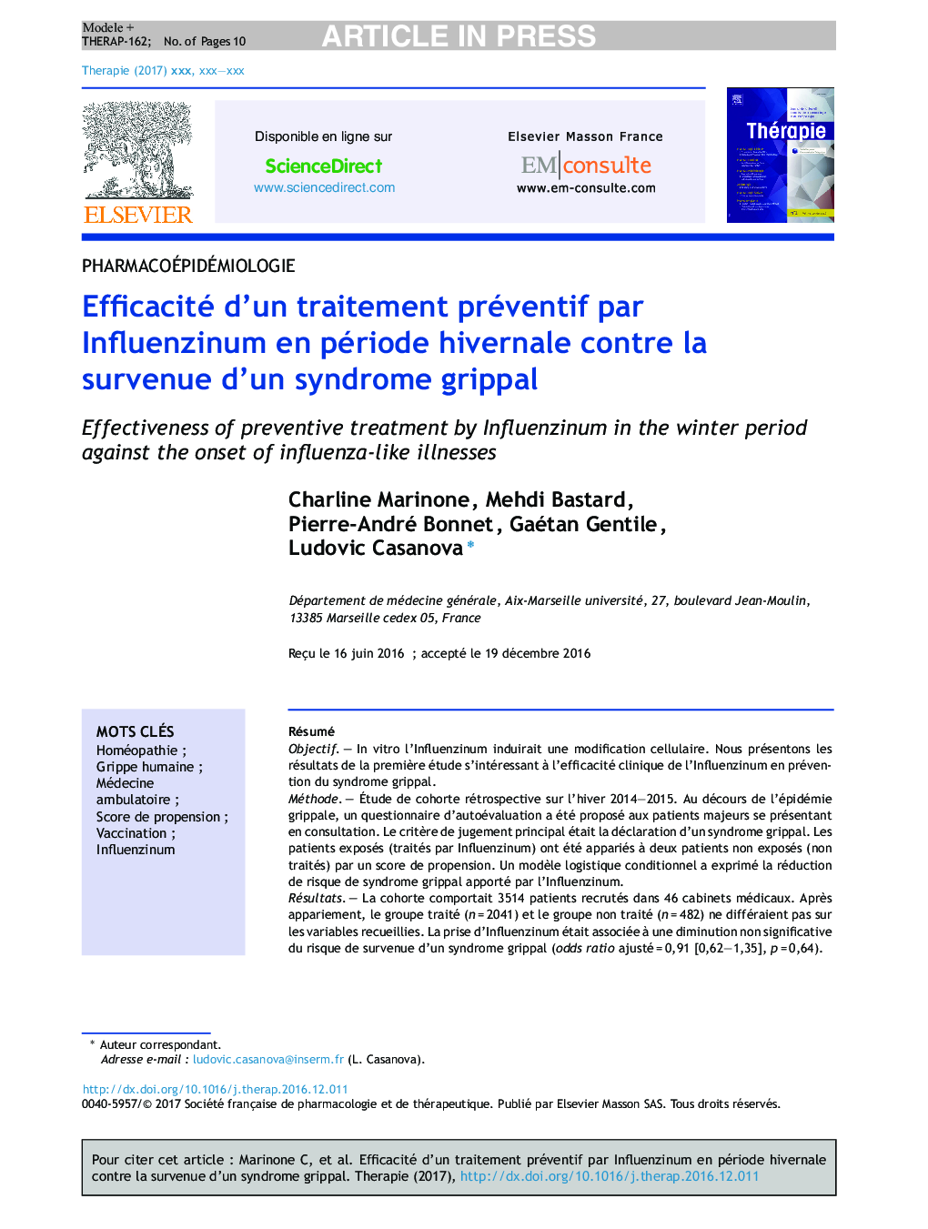 Efficacité d'un traitement préventif par Influenzinum en période hivernale contre la survenue d'un syndrome grippal