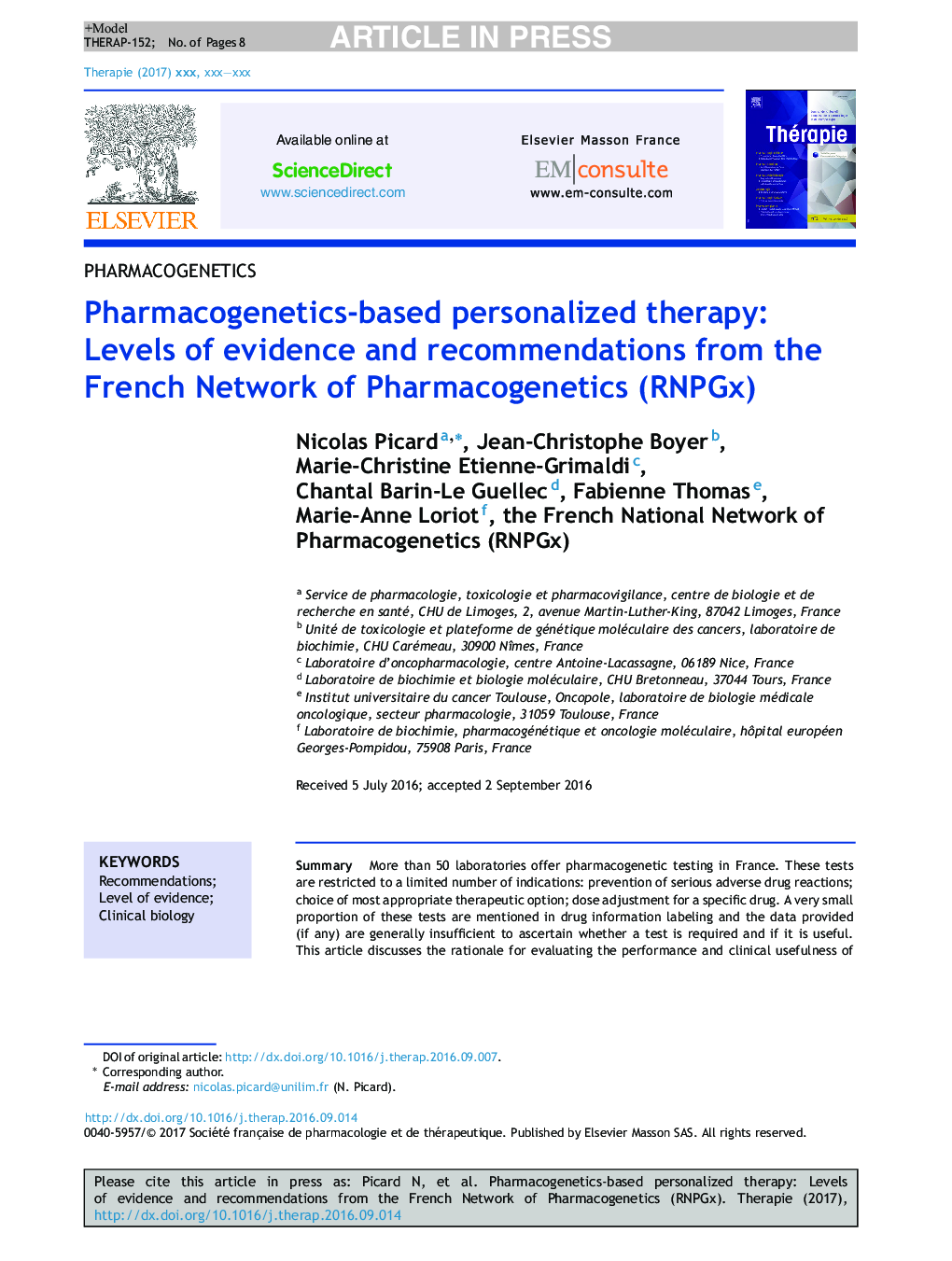 Pharmacogenetics-based personalized therapy: Levels of evidence and recommendations from the French Network of Pharmacogenetics (RNPGx)