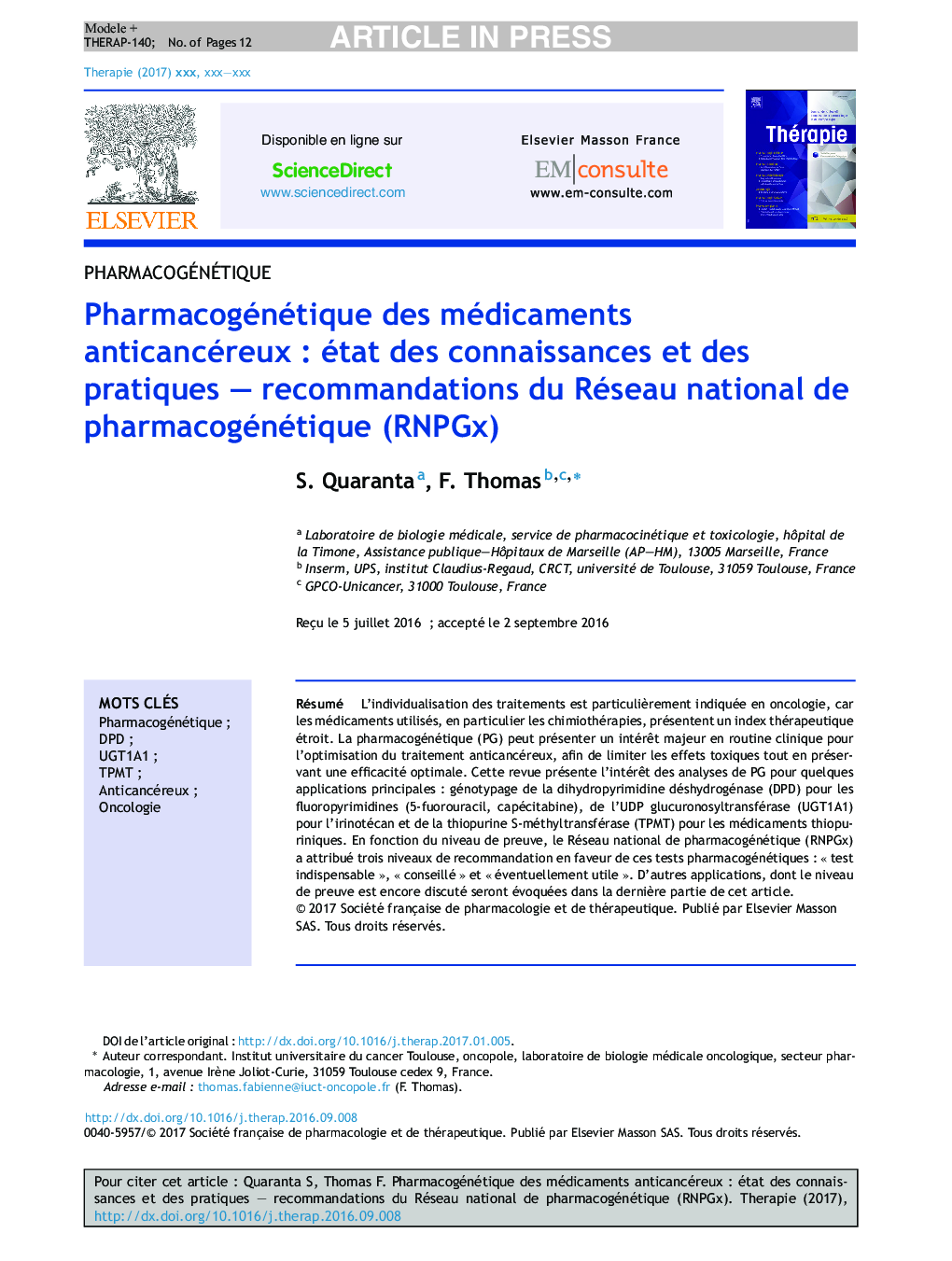 Pharmacogénétique des médicaments anticancéreuxÂ : état des connaissances et des pratiques - recommandations du Réseau national de pharmacogénétique (RNPGx)