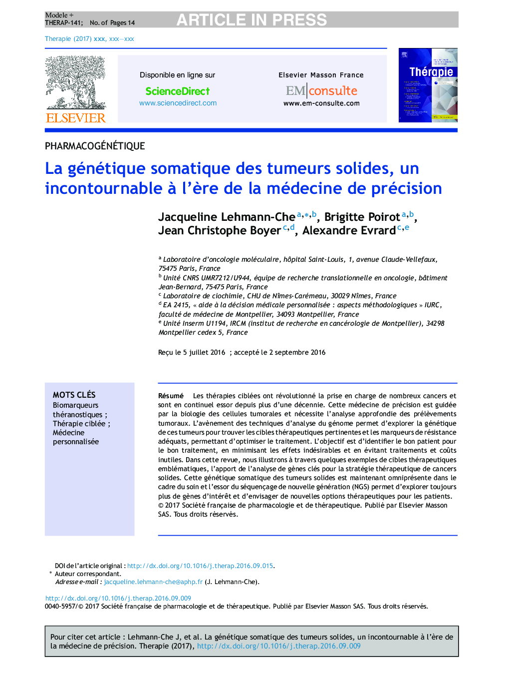 La génétique somatique des tumeurs solides, un incontournable Ã  l'Ã¨re de la médecine de précision