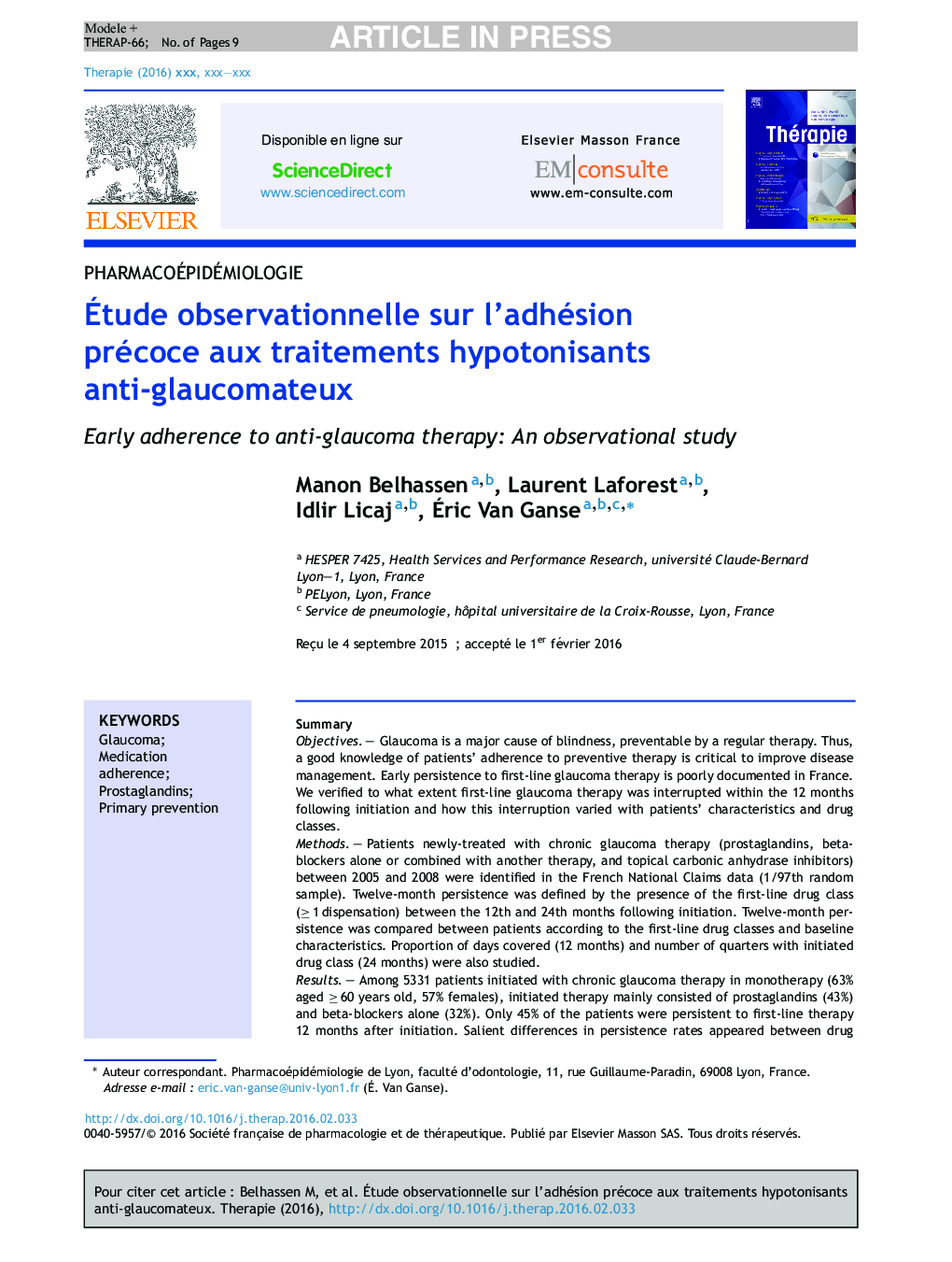 Ãtude observationnelle sur l'adhésion précoce aux traitements hypotonisants anti-glaucomateux