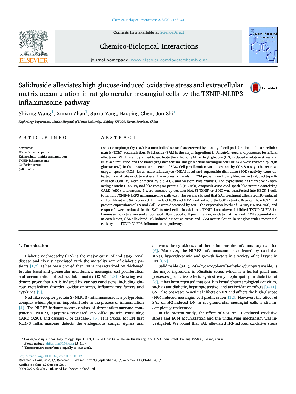 Salidroside alleviates high glucose-induced oxidative stress and extracellular matrix accumulation in rat glomerular mesangial cells by the TXNIP-NLRP3 inflammasome pathway