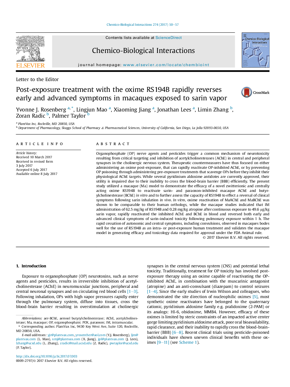 Post-exposure treatment with the oxime RS194B rapidly reverses early and advanced symptoms in macaques exposed to sarin vapor