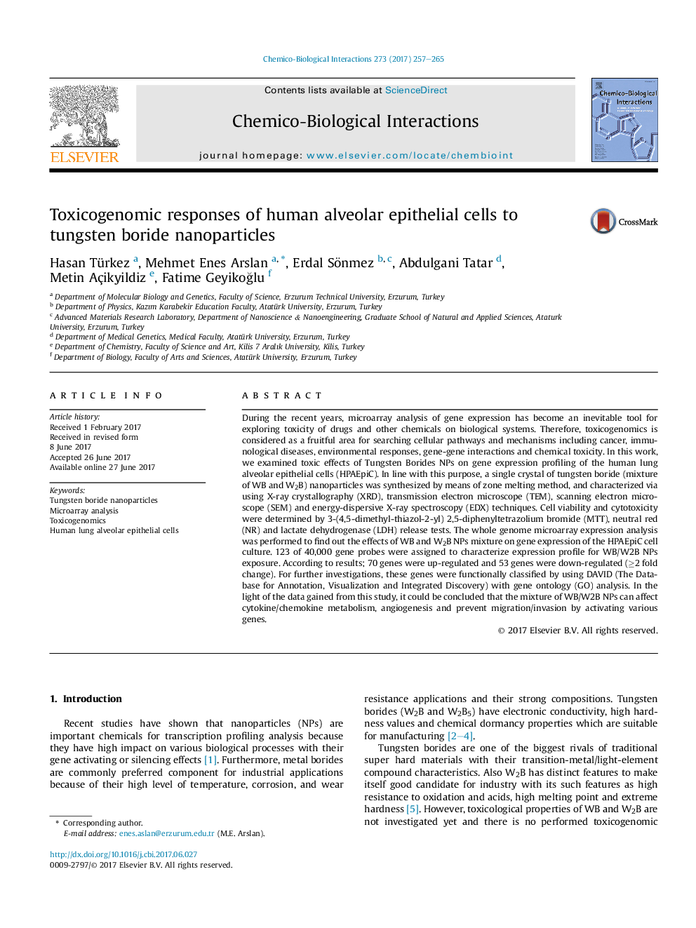 Toxicogenomic responses of human alveolar epithelial cells to tungsten boride nanoparticles