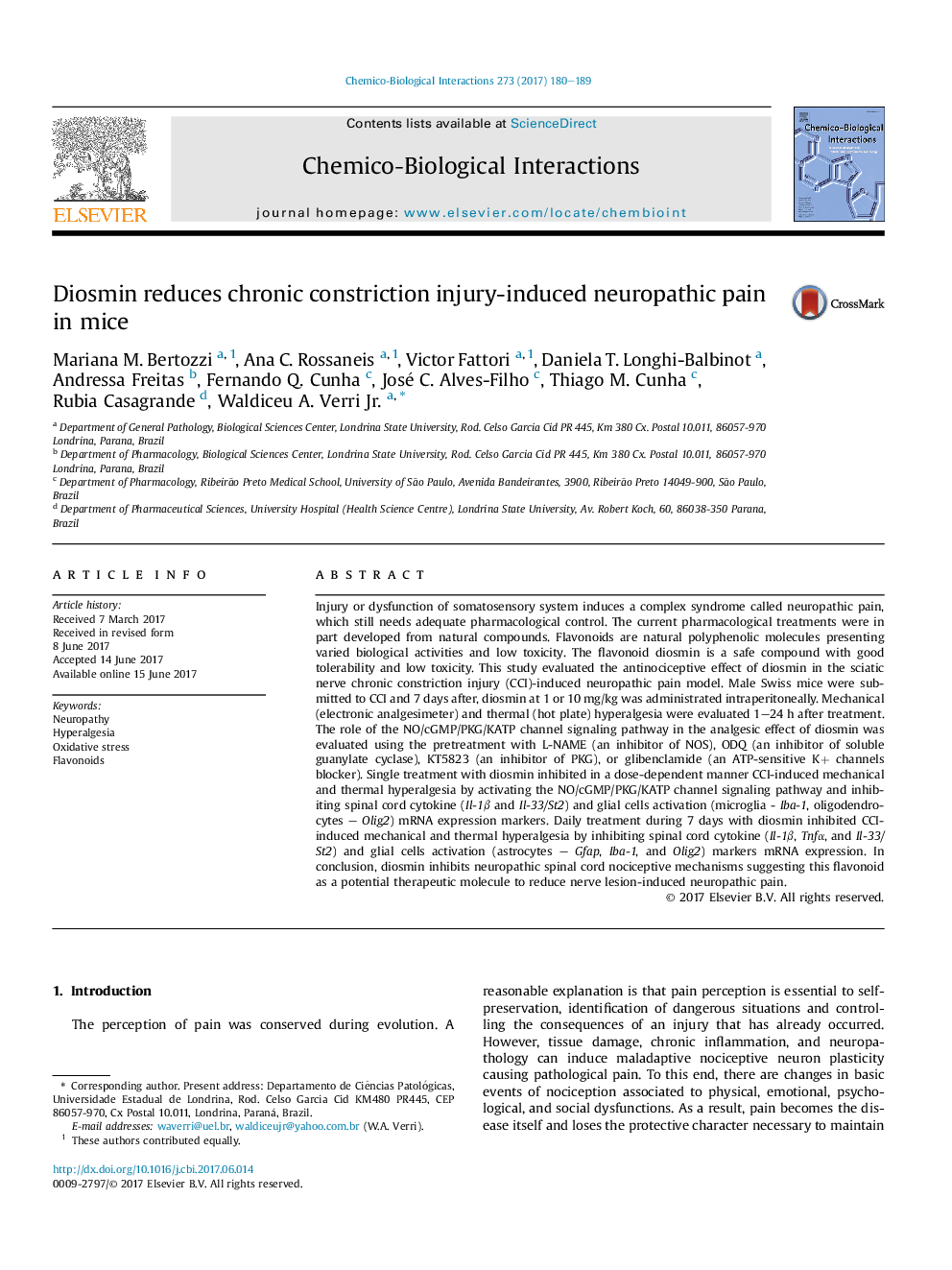 Diosmin reduces chronic constriction injury-induced neuropathic pain in mice