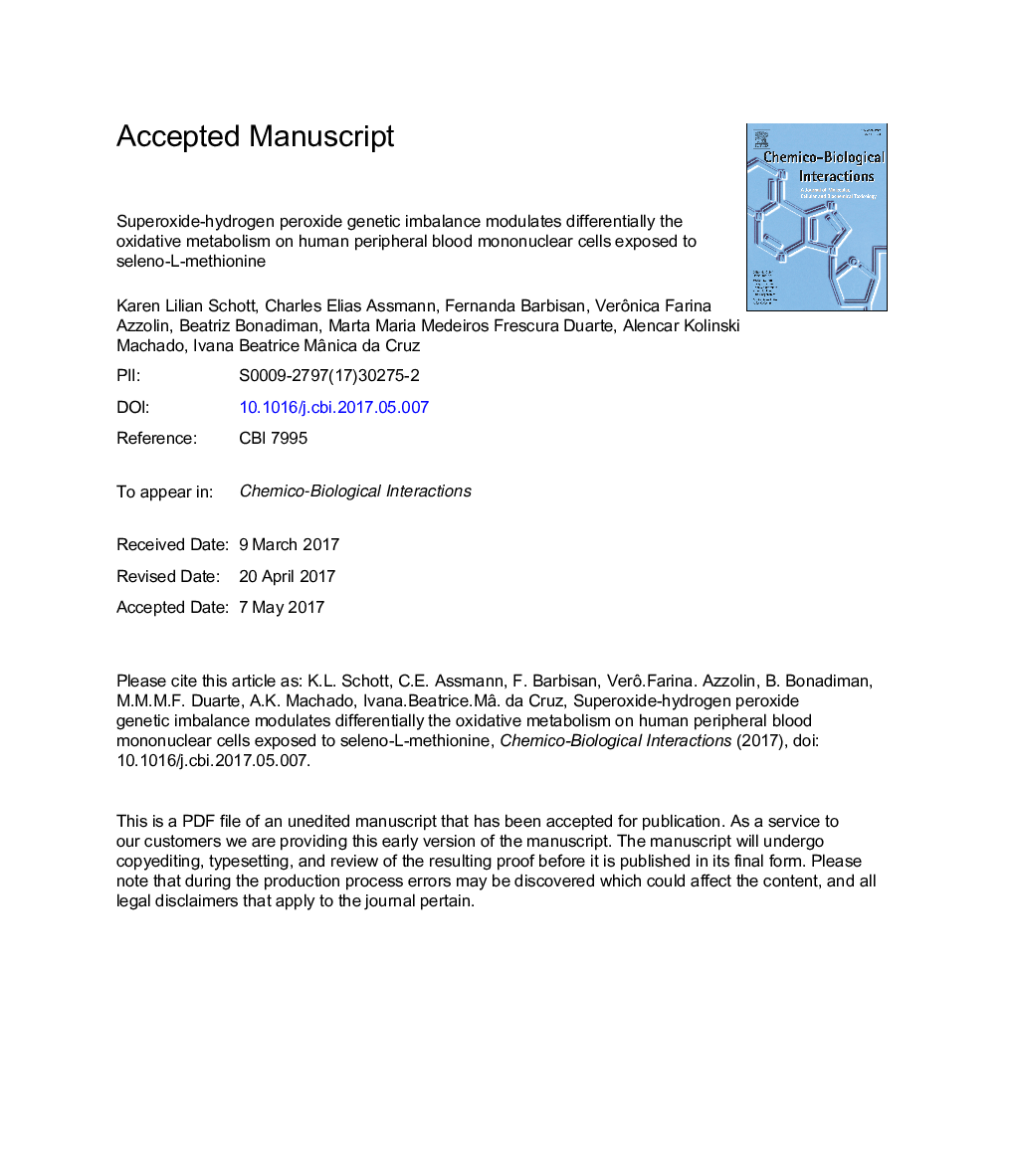 Superoxide-hydrogen peroxide genetic imbalance modulates differentially the oxidative metabolism on human peripheral blood mononuclear cells exposed to seleno-L-methionine