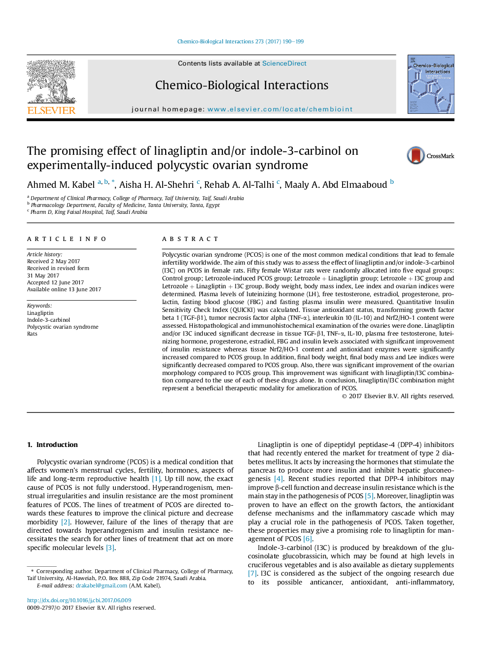 The promising effect of linagliptin and/or indole-3-carbinol on experimentally-induced polycystic ovarian syndrome