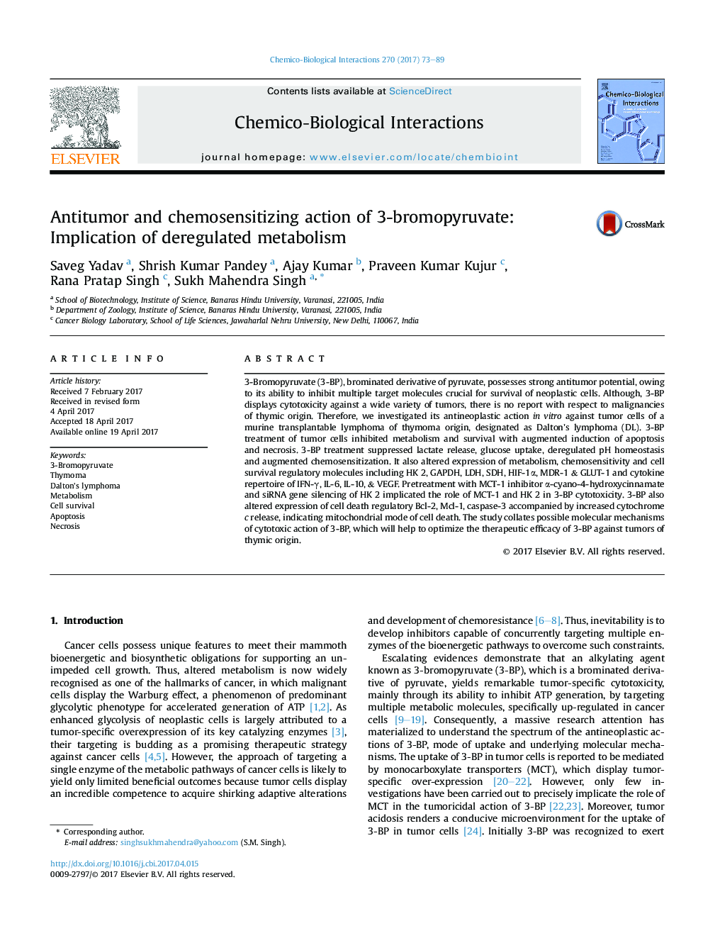 Antitumor and chemosensitizing action of 3-bromopyruvate: Implication of deregulated metabolism