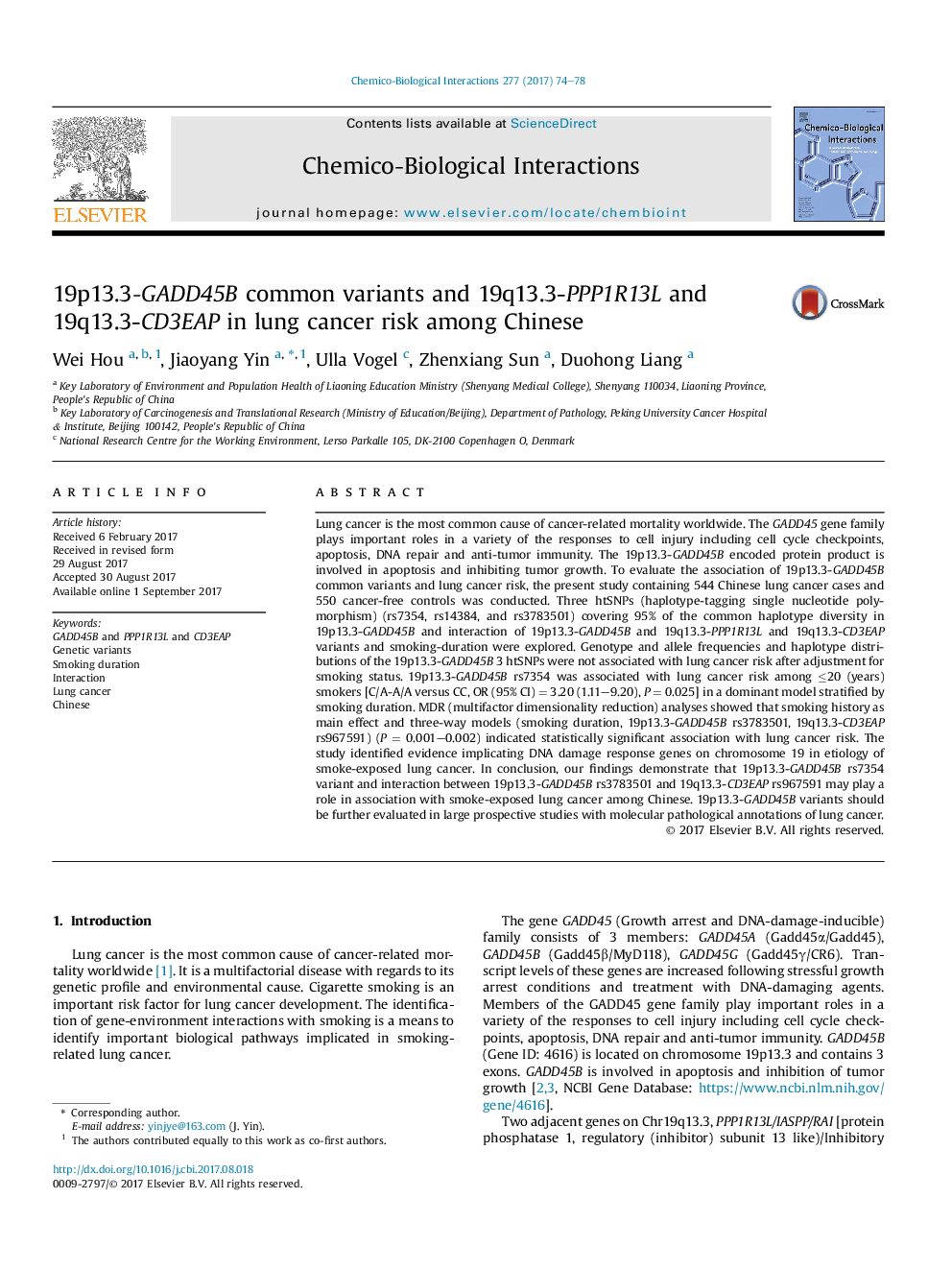 19p13.3-GADD45B common variants and 19q13.3-PPP1R13L and 19q13.3-CD3EAP in lung cancer risk among Chinese