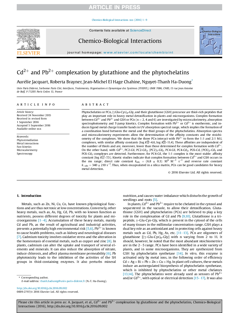 Cd2+ and Pb2+ complexation by glutathione and the phytochelatins