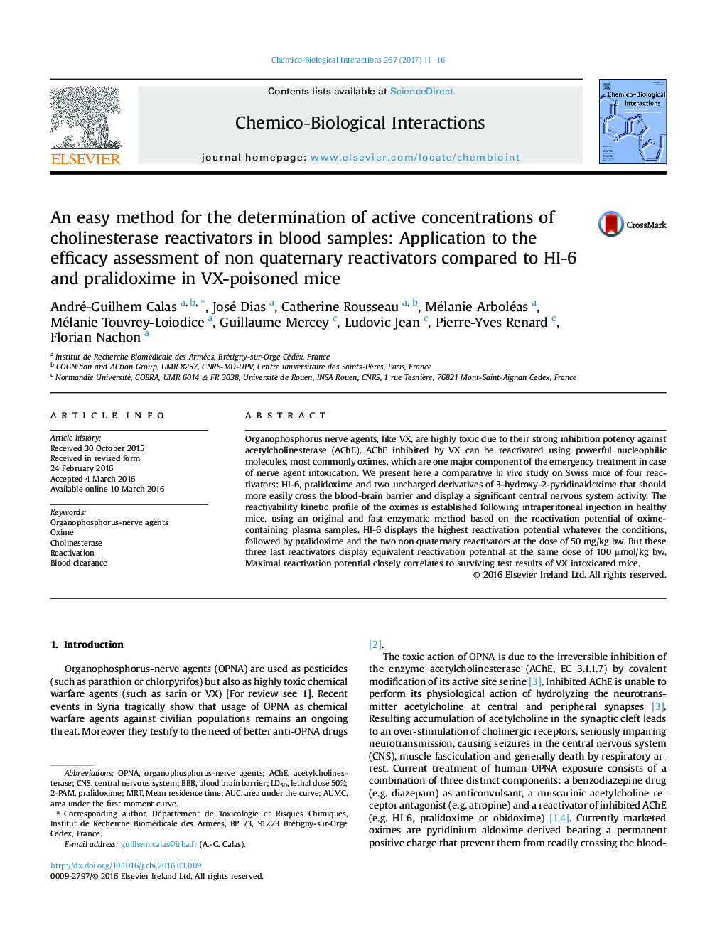 An easy method for the determination of active concentrations of cholinesterase reactivators in blood samples: Application to the efficacy assessment of non quaternary reactivators compared to HI-6 and pralidoxime in VX-poisoned mice