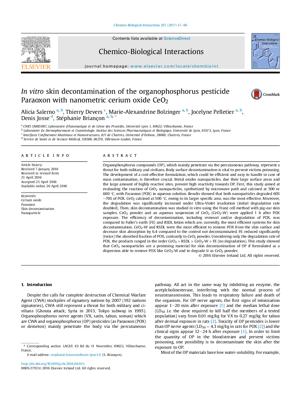 InÂ vitro skin decontamination of the organophosphorus pesticide Paraoxon with nanometric cerium oxide CeO2