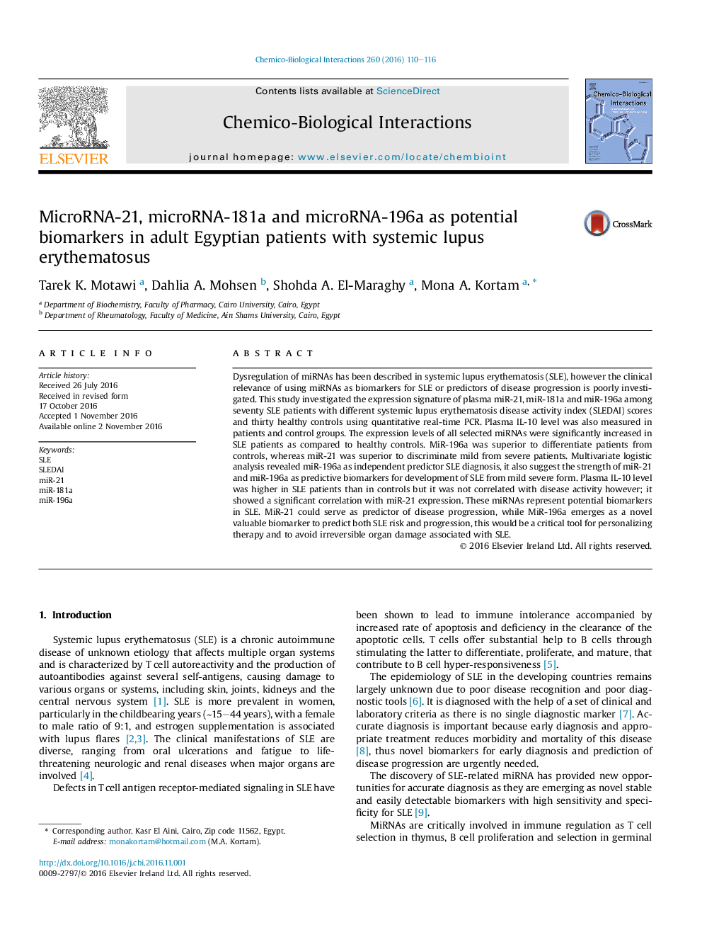 MicroRNA-21, microRNA-181a and microRNA-196a as potential biomarkers in adult Egyptian patients with systemic lupus erythematosus