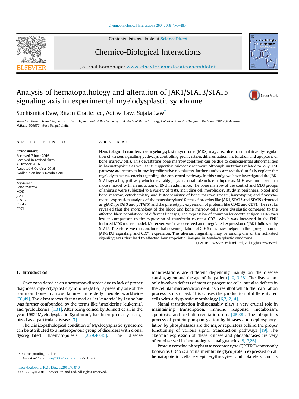 Analysis of hematopathology and alteration of JAK1/STAT3/STAT5 signaling axis in experimental myelodysplastic syndrome