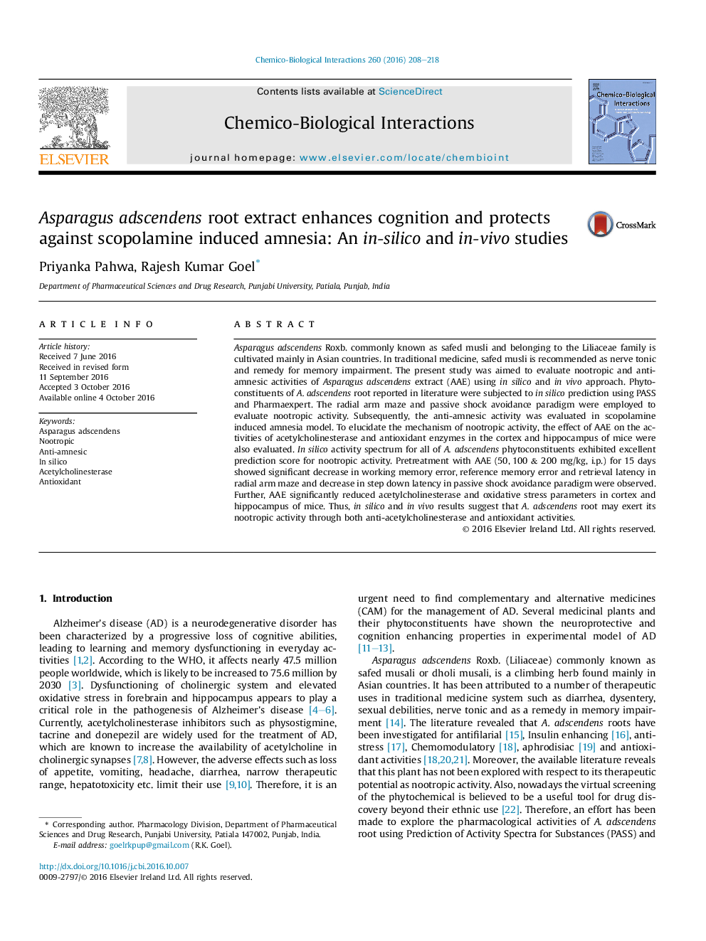 Asparagus adscendens root extract enhances cognition and protects against scopolamine induced amnesia: An in-silico and in-vivo studies