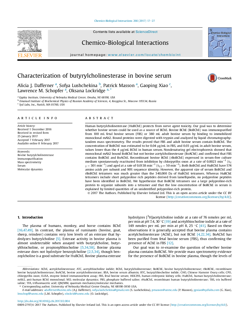 Characterization of butyrylcholinesterase in bovine serum