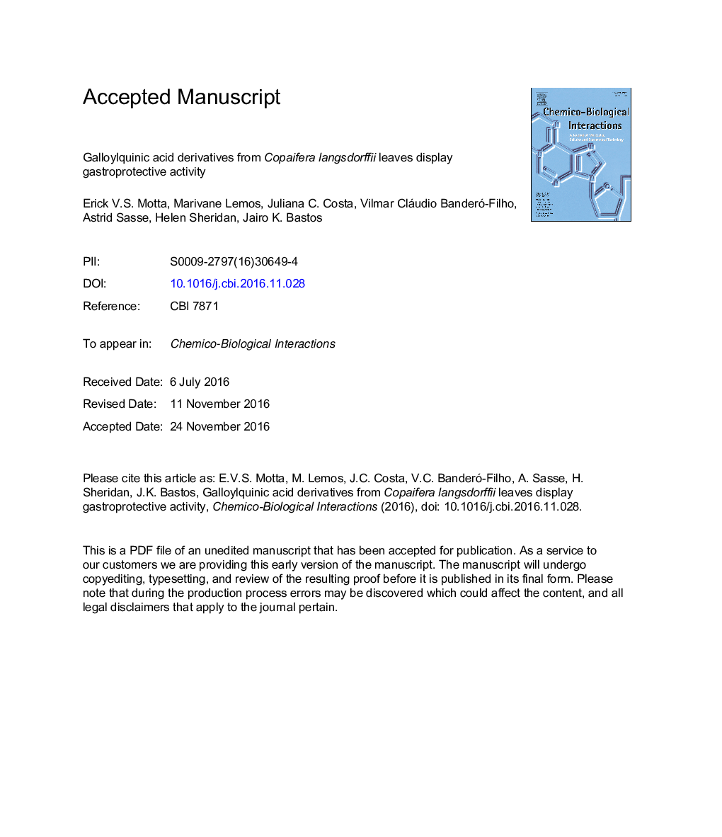 Galloylquinic acid derivatives from Copaifera langsdorffii leaves display gastroprotective activity