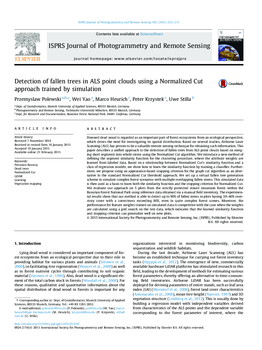 Detection of fallen trees in ALS point clouds using a Normalized Cut approach trained by simulation