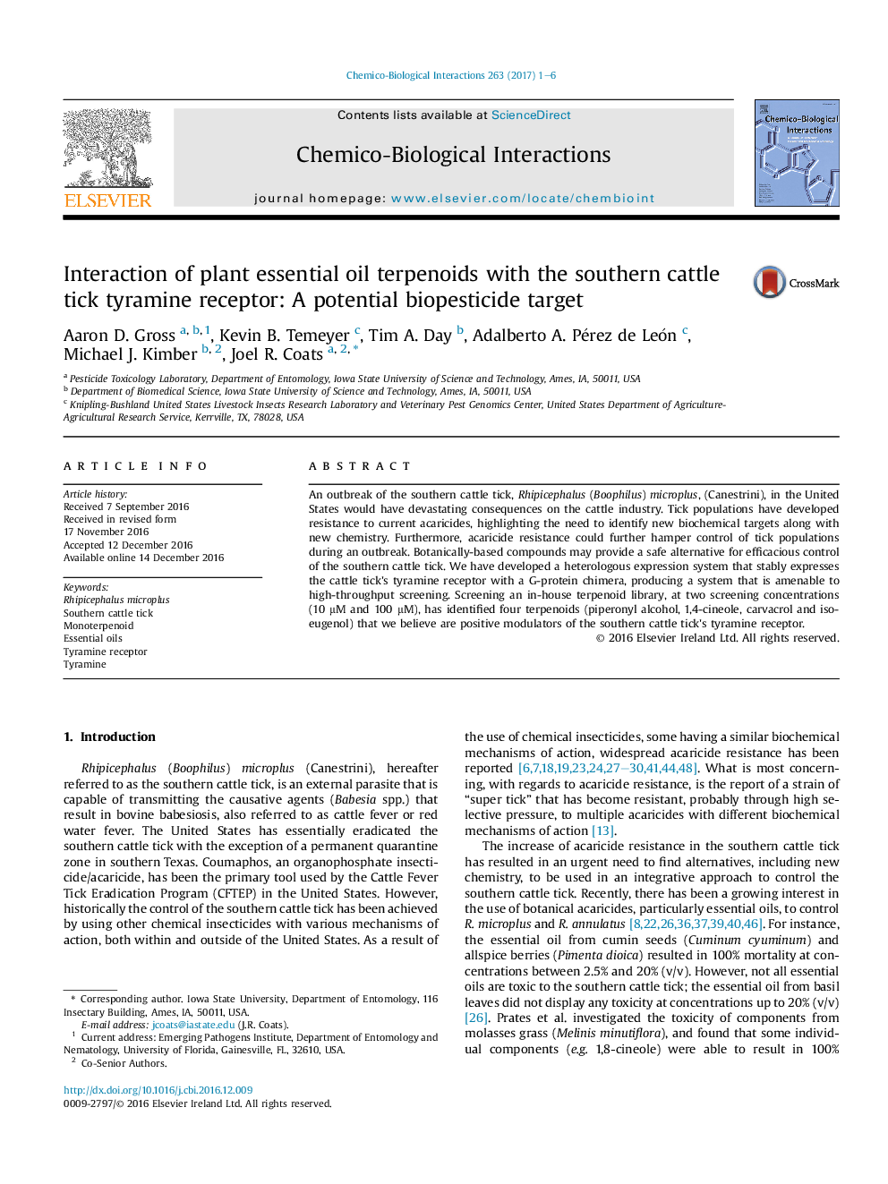 Interaction of plant essential oil terpenoids with the southern cattle tick tyramine receptor: A potential biopesticide target