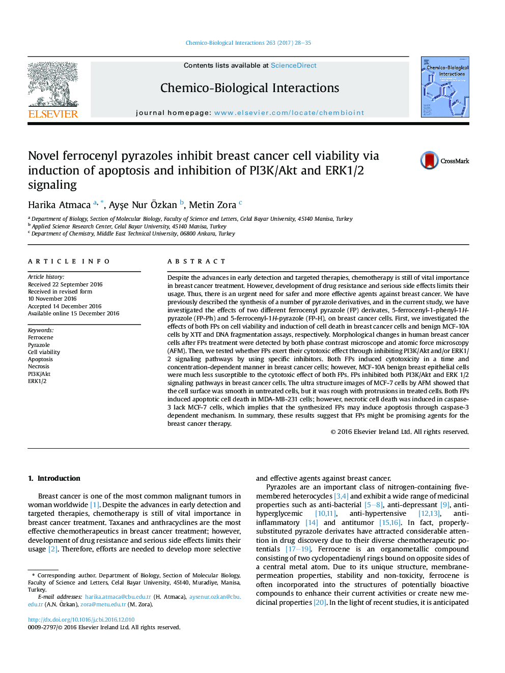 Novel ferrocenyl pyrazoles inhibit breast cancer cell viability via induction of apoptosis and inhibition of PI3K/Akt and ERK1/2 signaling