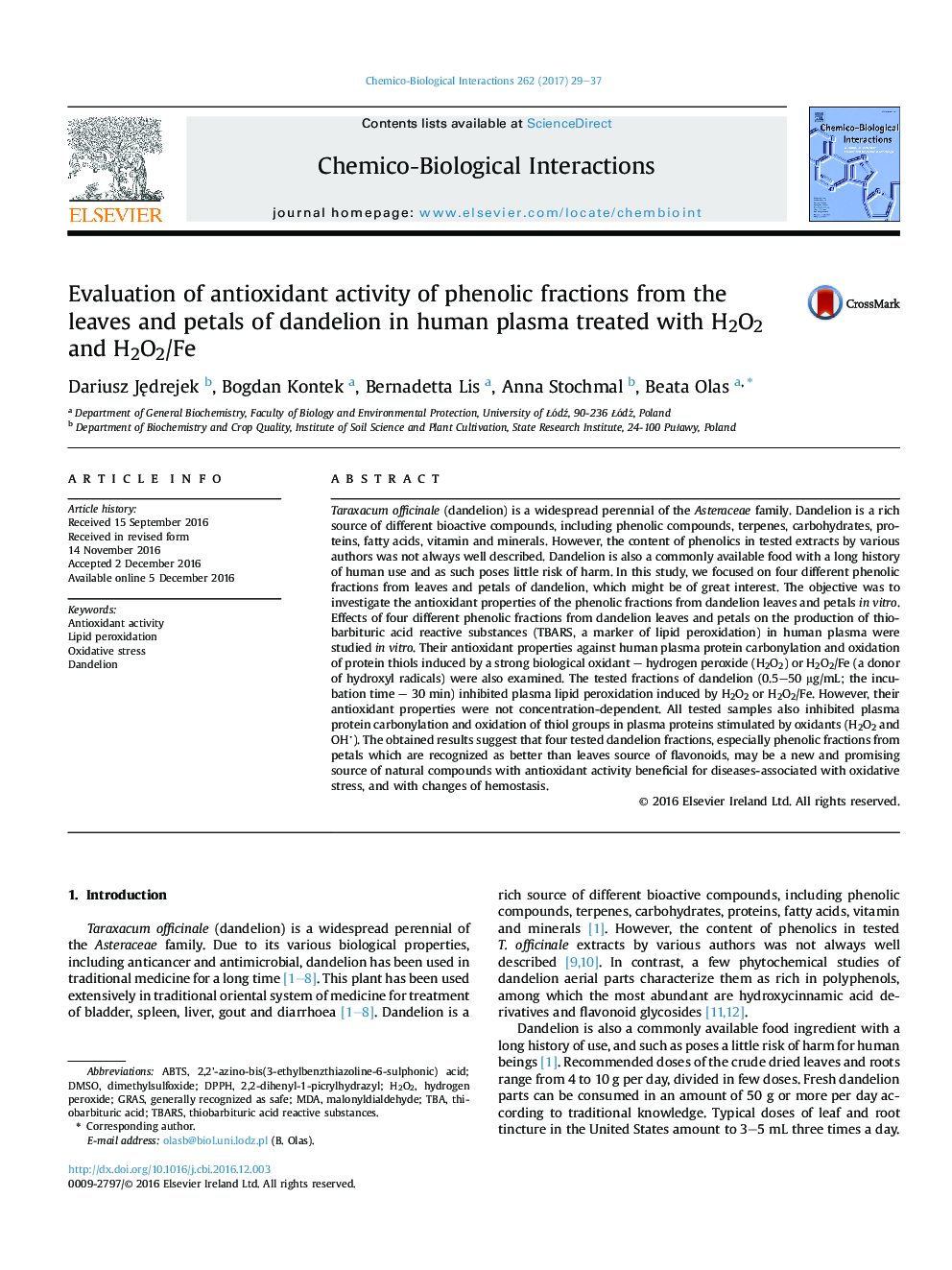 Evaluation of antioxidant activity of phenolic fractions from the leavesÂ and petals of dandelion in human plasma treated with H2O2 and H2O2/Fe