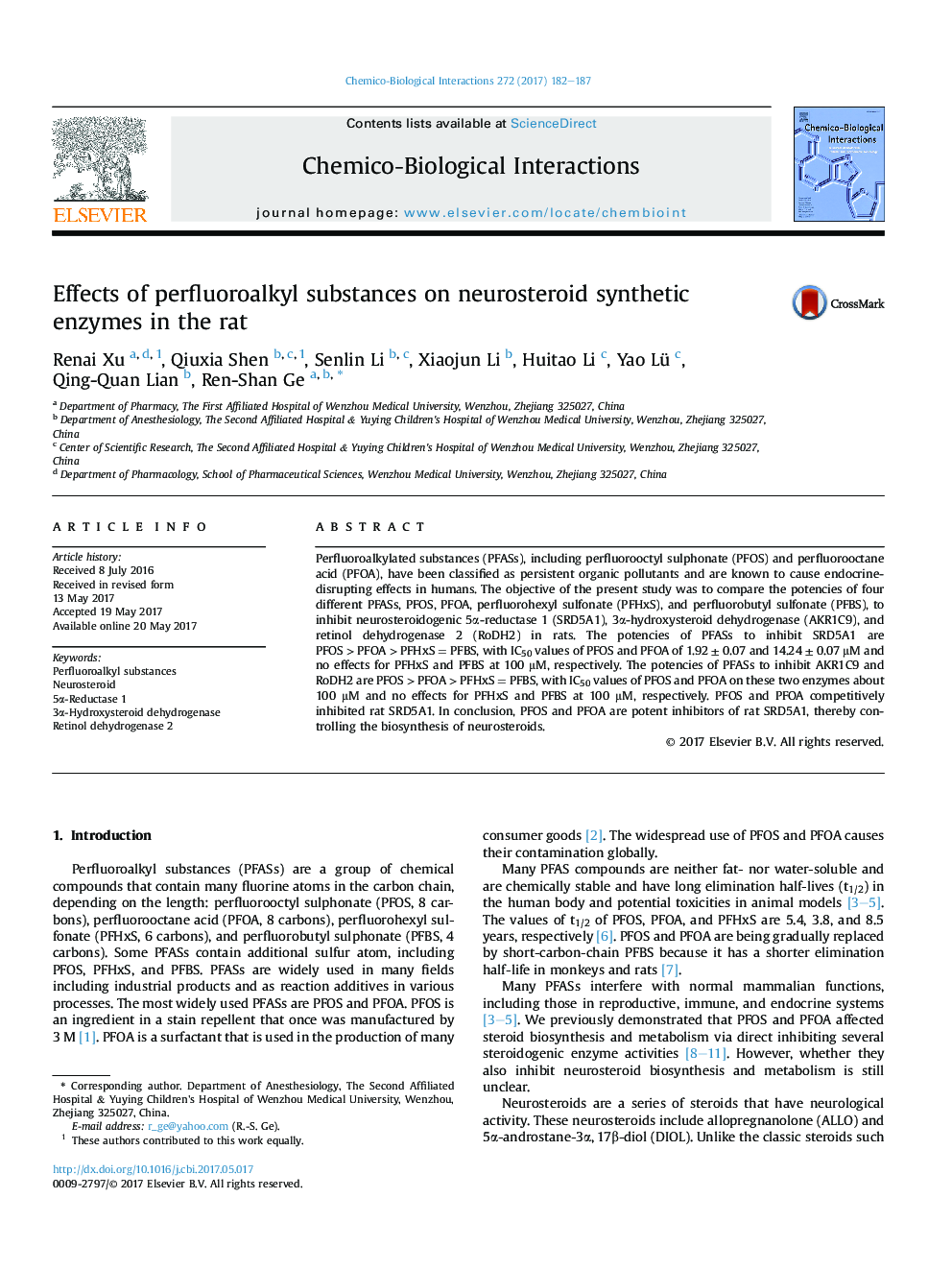 Effects of perfluoroalkyl substances on neurosteroid synthetic enzymes in the rat