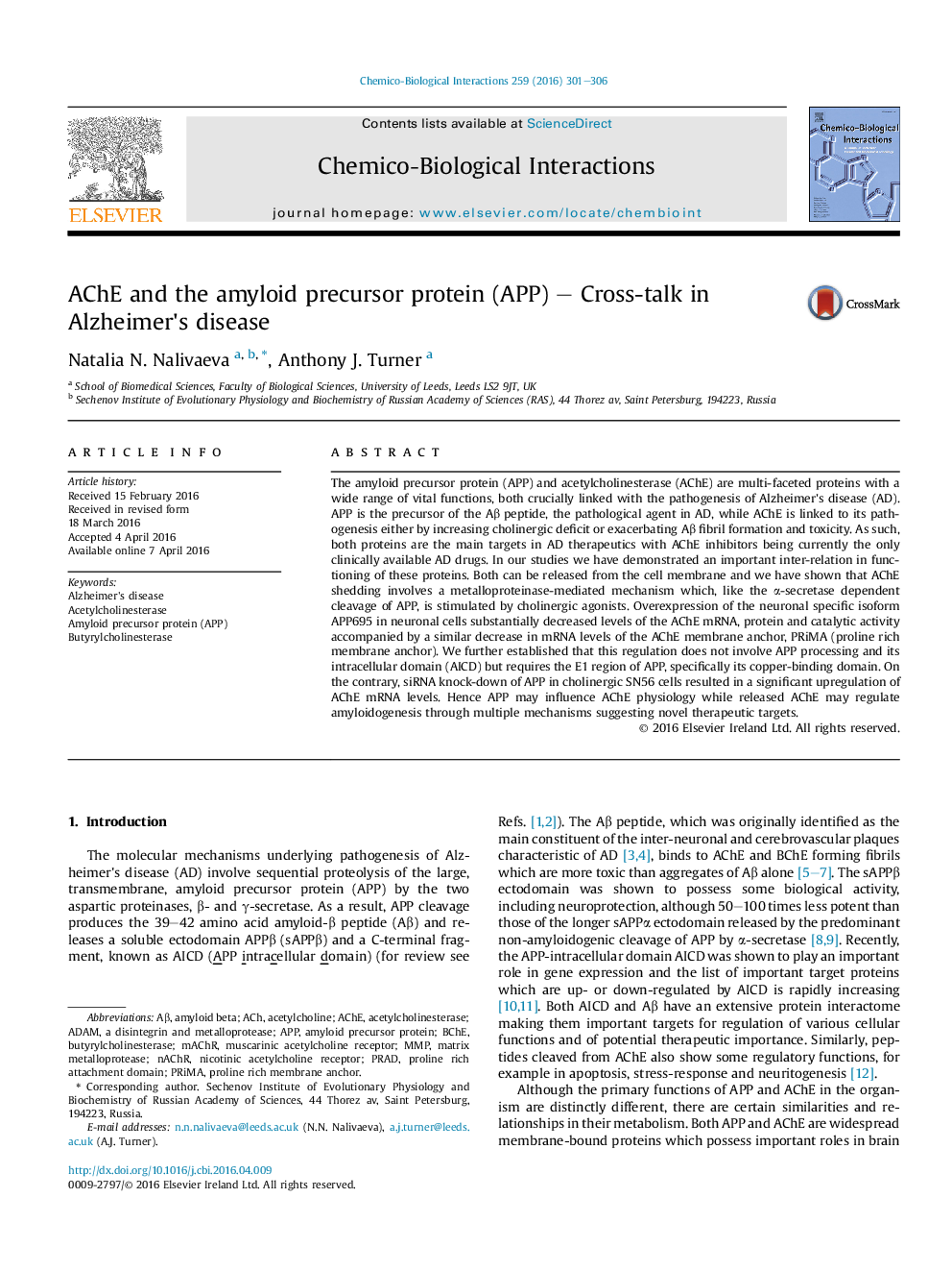 AChE and the amyloid precursor protein (APP) - Cross-talk in Alzheimer's disease