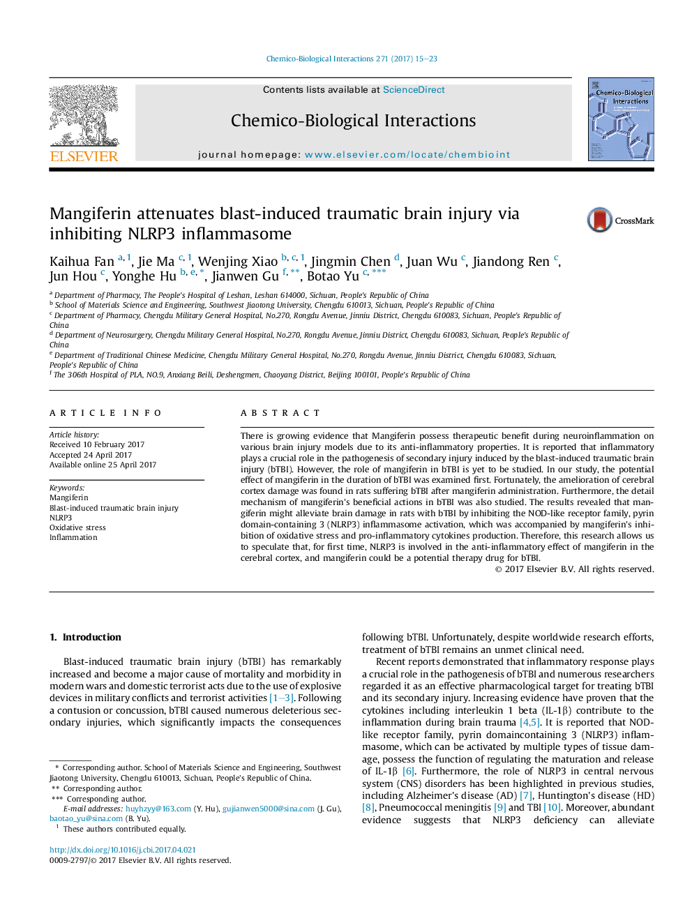 Mangiferin attenuates blast-induced traumatic brain injury via inhibiting NLRP3 inflammasome